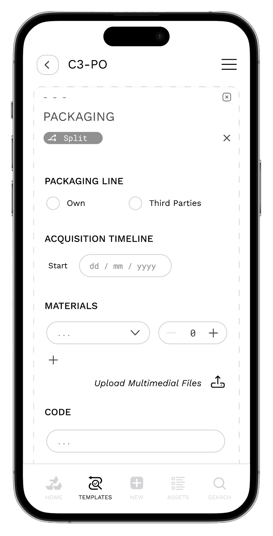 An empty form to fill with packaging details